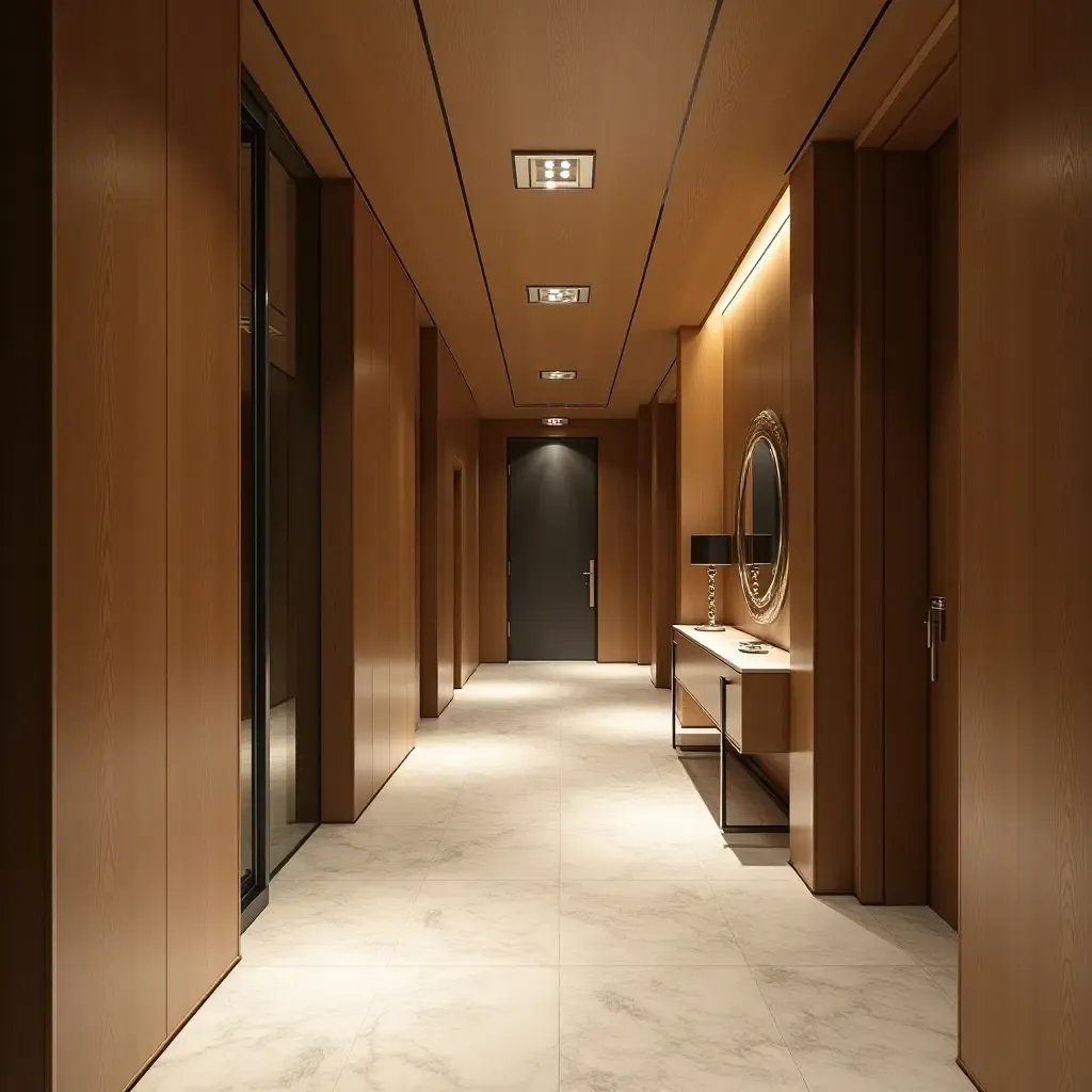 a photo of a sophisticated corridor enhanced with metallic details and decor