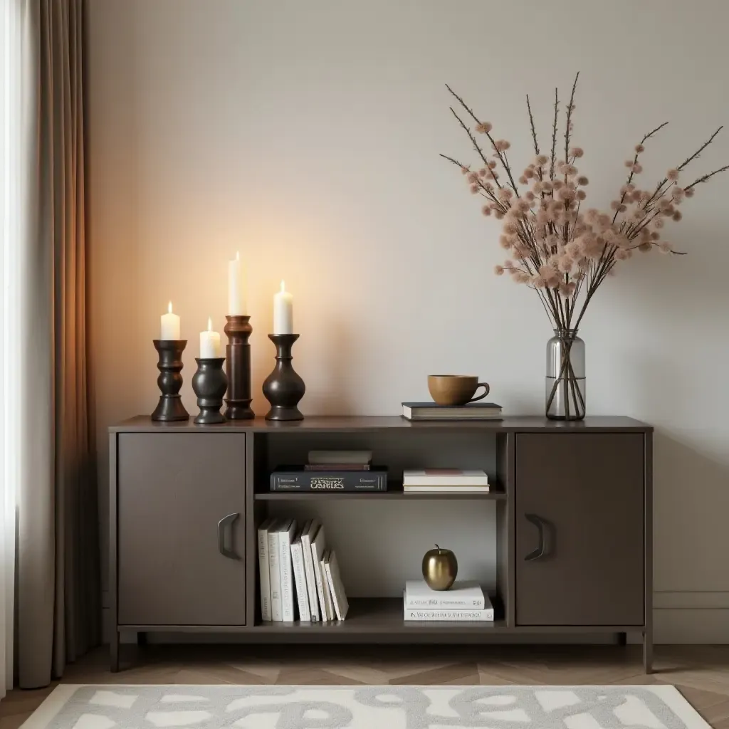 a photo of a stylish console with decorative books and candles