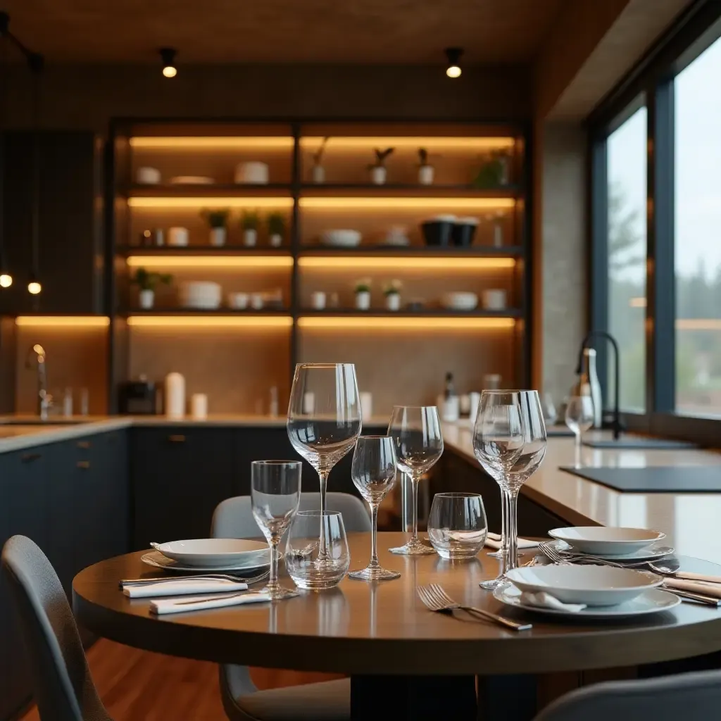 a photo of a kitchen with elegant glassware and sophisticated lighting