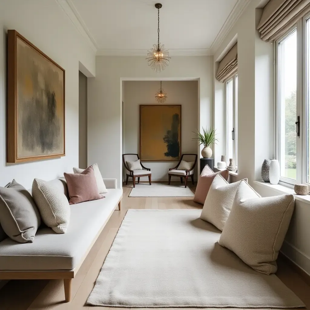 a photo of a contemporary corridor decorated with oversized throw pillows