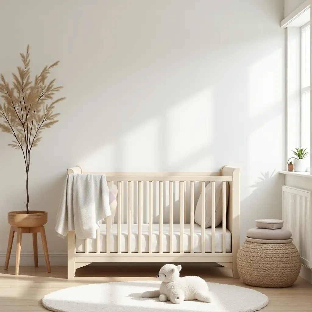 a photo of a serene nursery with calming colors and nature-themed decor