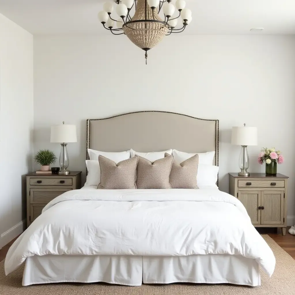 a photo of a farmhouse-style bedroom with a collection of decorative pillows