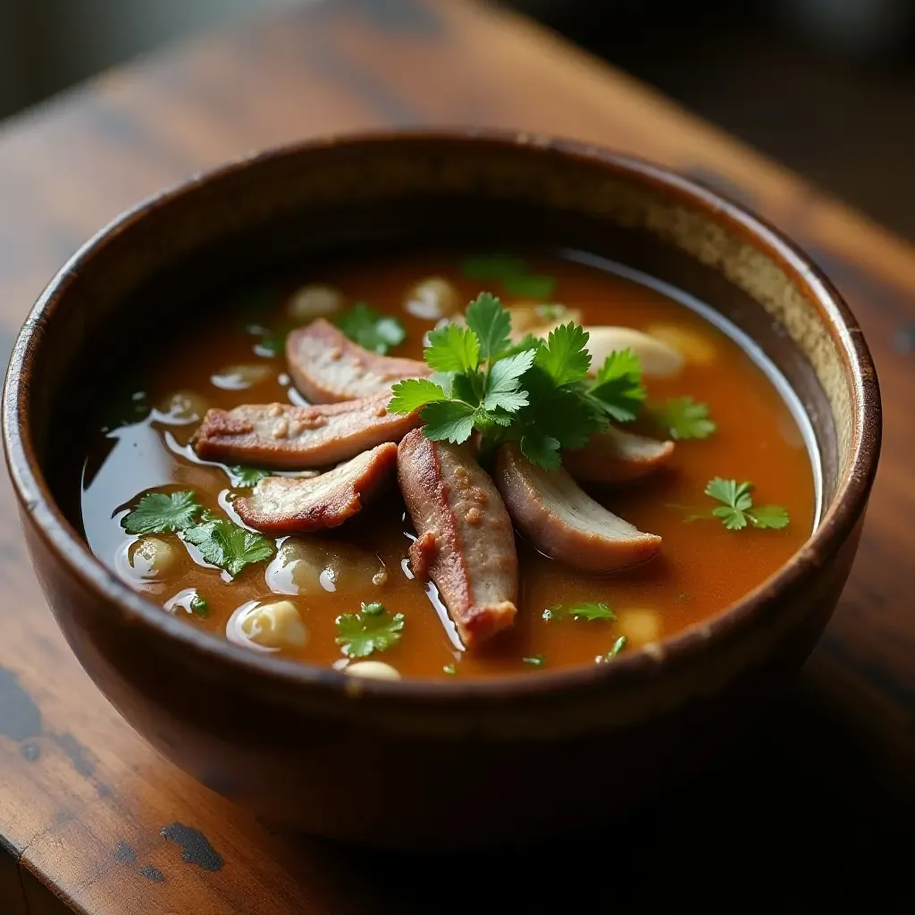 a photo of a rustic bowl of Tom Klong, smoky broth with tender pork and aromatic spices.