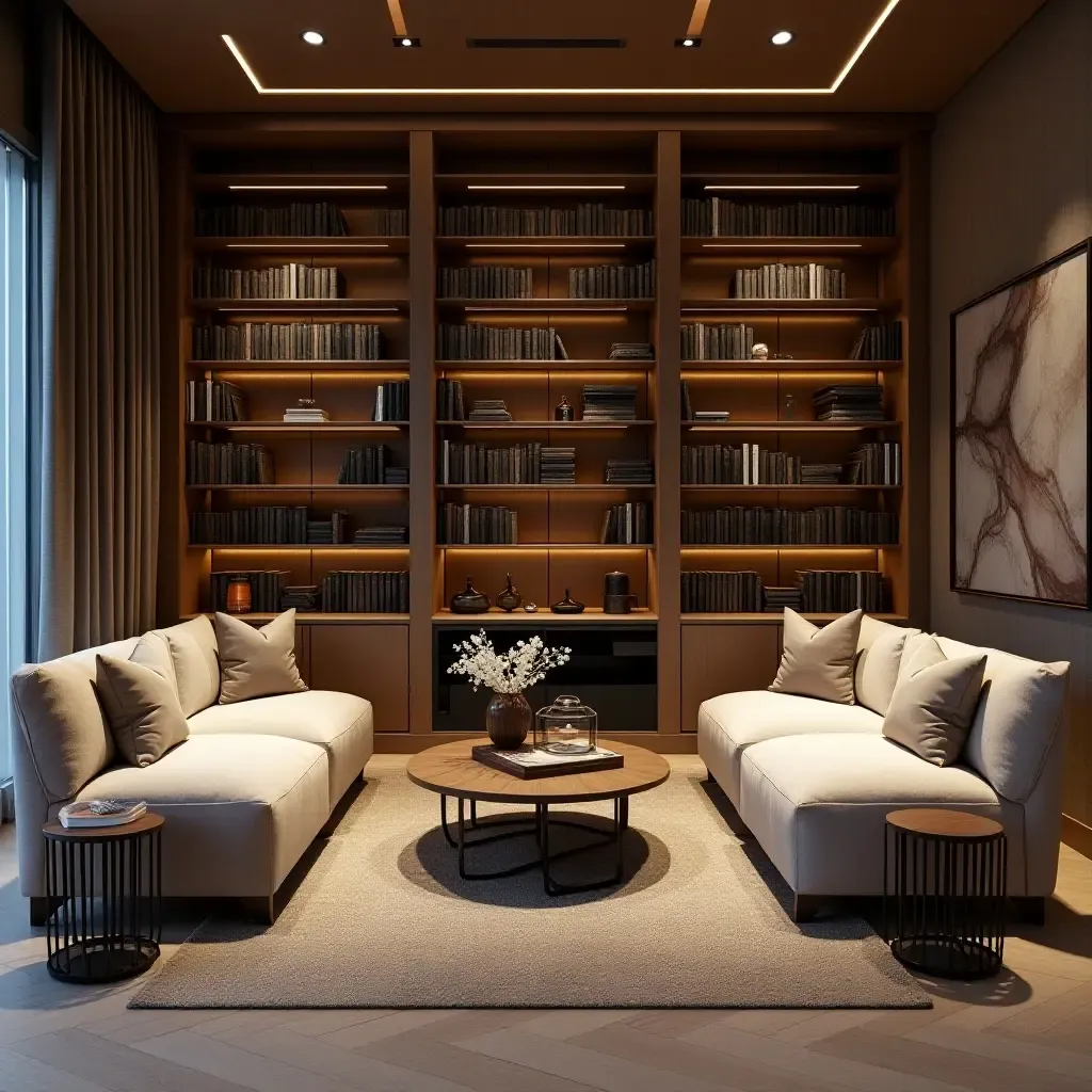 a photo of a chic library with metallic accents and plush seating areas