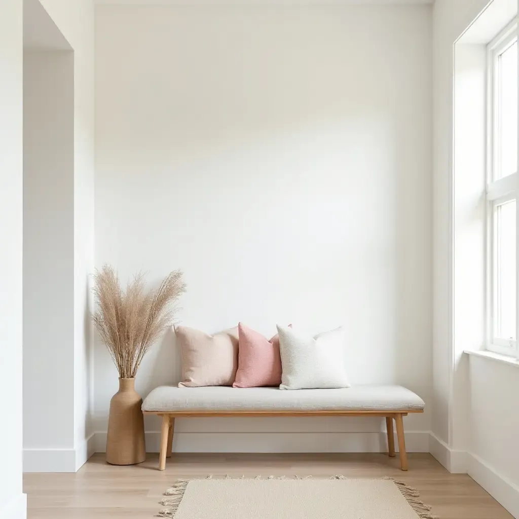 a photo of a serene entrance hall with pastel throw pillows on an entryway bench