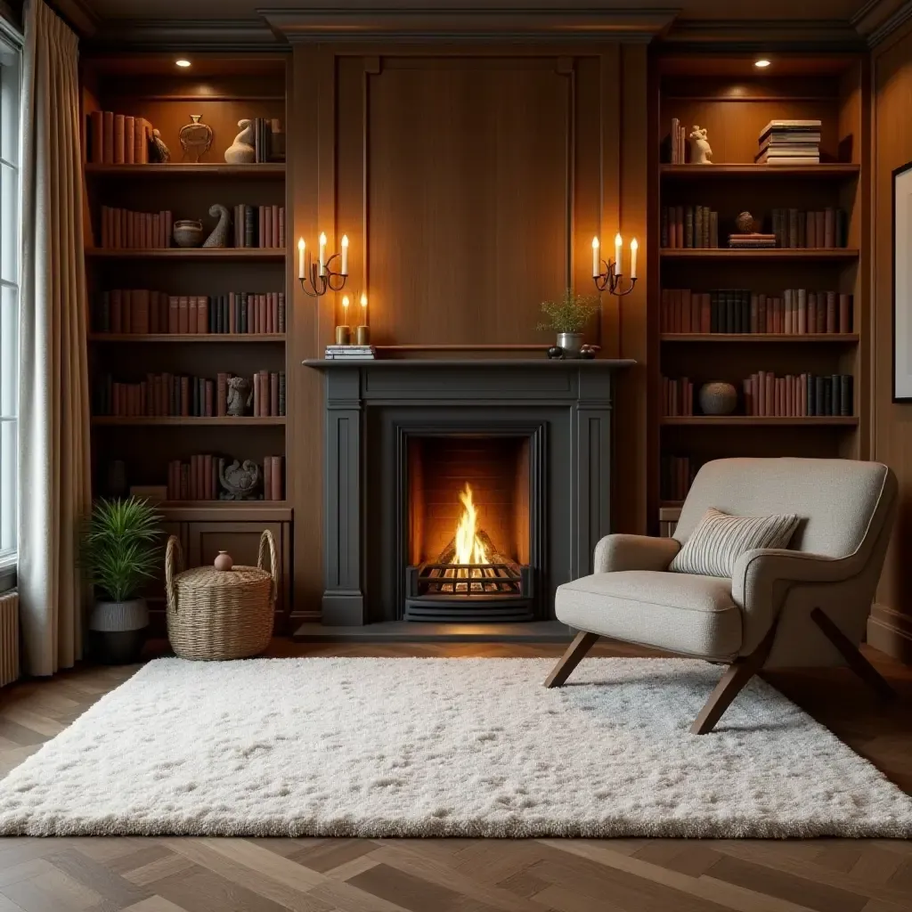 a photo of a soft shag rug in a cozy library with a fireplace