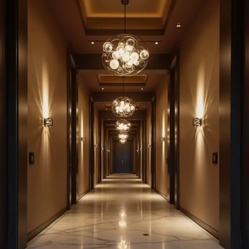 a photo of an elegant corridor featuring artistic pendant lights