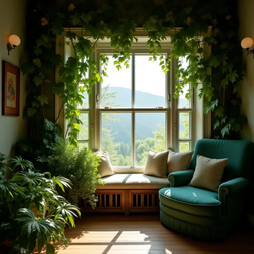 a photo of a charming window seat surrounded by lush greenery