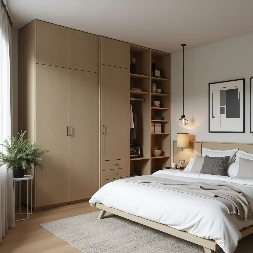 a photo of a trendy bedroom with modular storage cubes