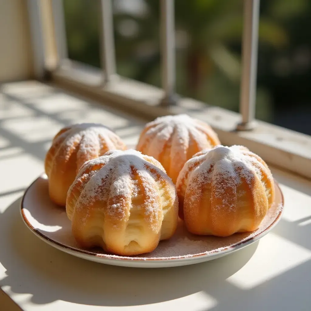 a photo of fluffy ensaimadas with powdered sugar on a sunny balcony in Mallorca.