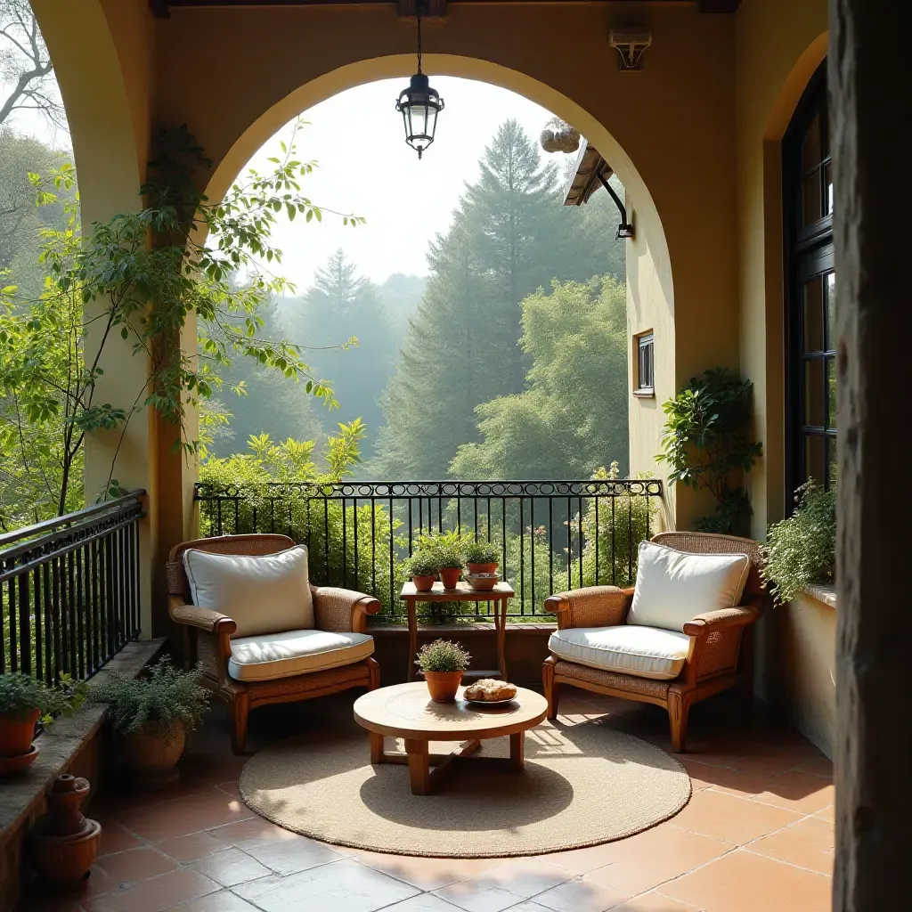 a photo of a cozy balcony with a vintage coffee table and armchairs