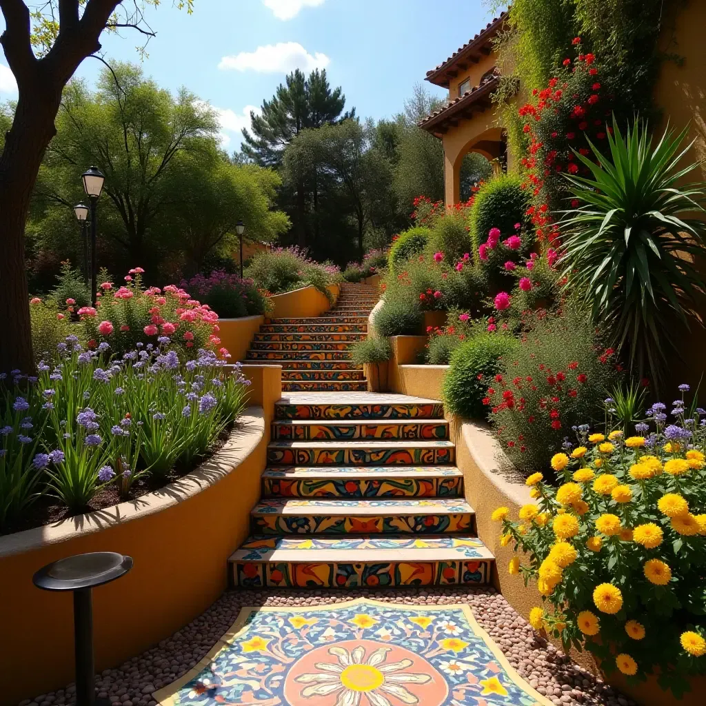 a photo of a terraced garden with Mexican-inspired mosaics and vibrant flowers in bloom