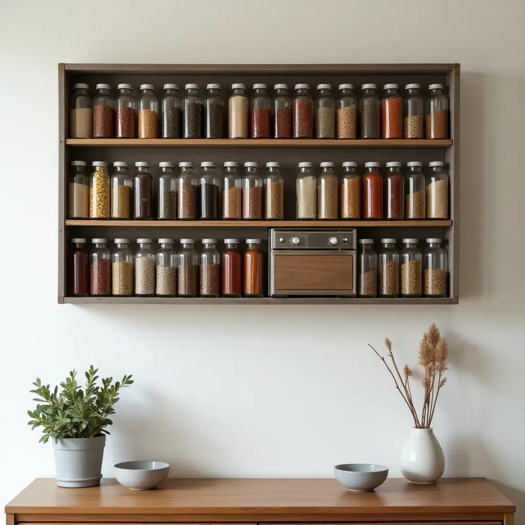 a photo of a vintage spice rack art installation on a kitchen wall