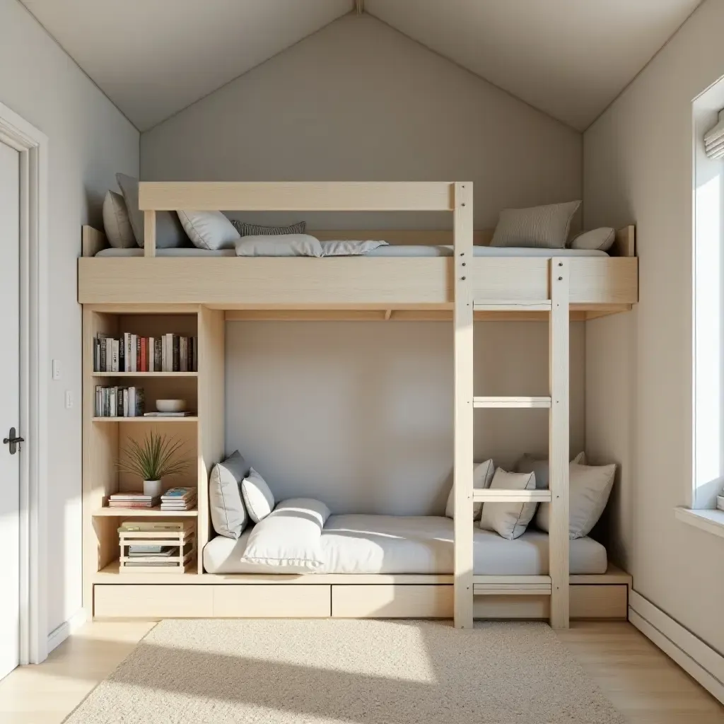 a photo of a modern loft bed with a cozy reading nook underneath