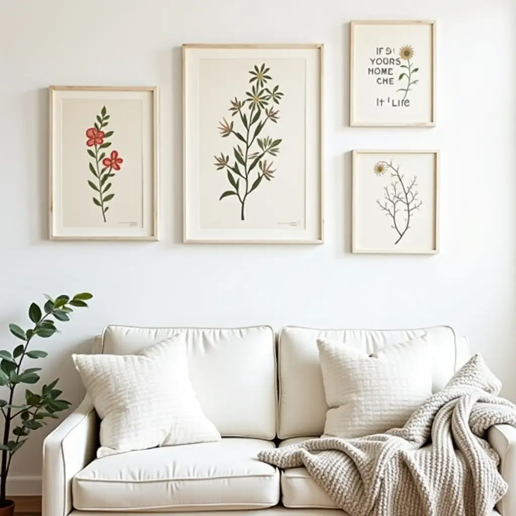 a photo of a wall adorned with framed botanical illustrations and quotes