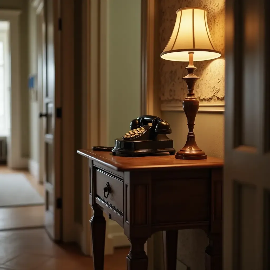 a photo of an old-fashioned telephone on a vintage side table in an entrance