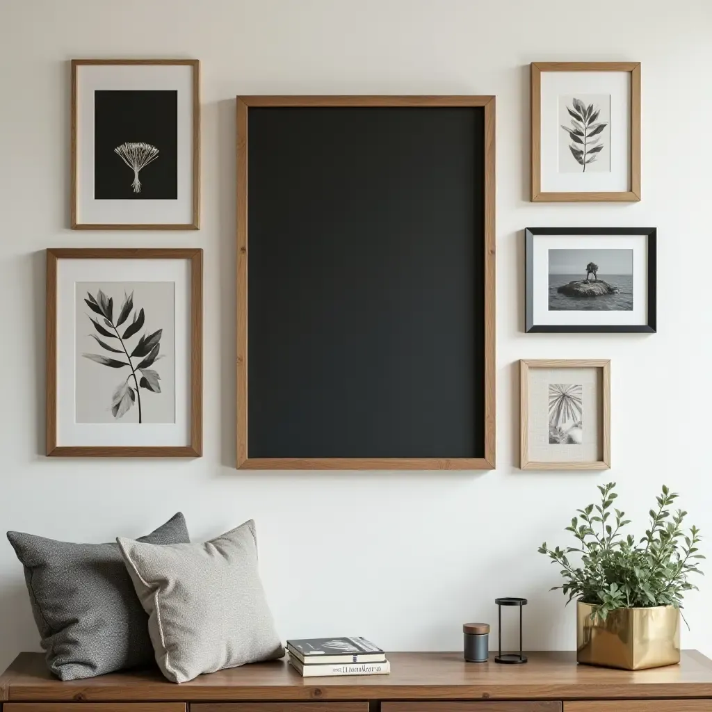 a photo of a gallery wall with a chalkboard frame for changing messages