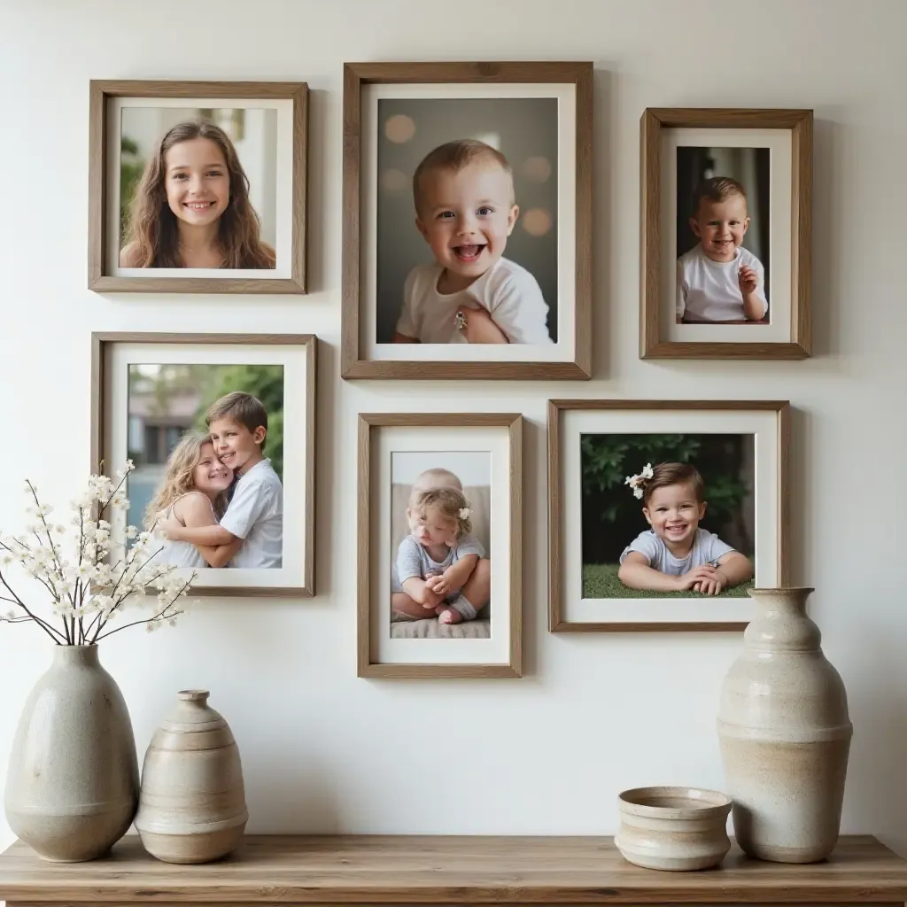 a photo of a collection of framed family photos in rustic frames