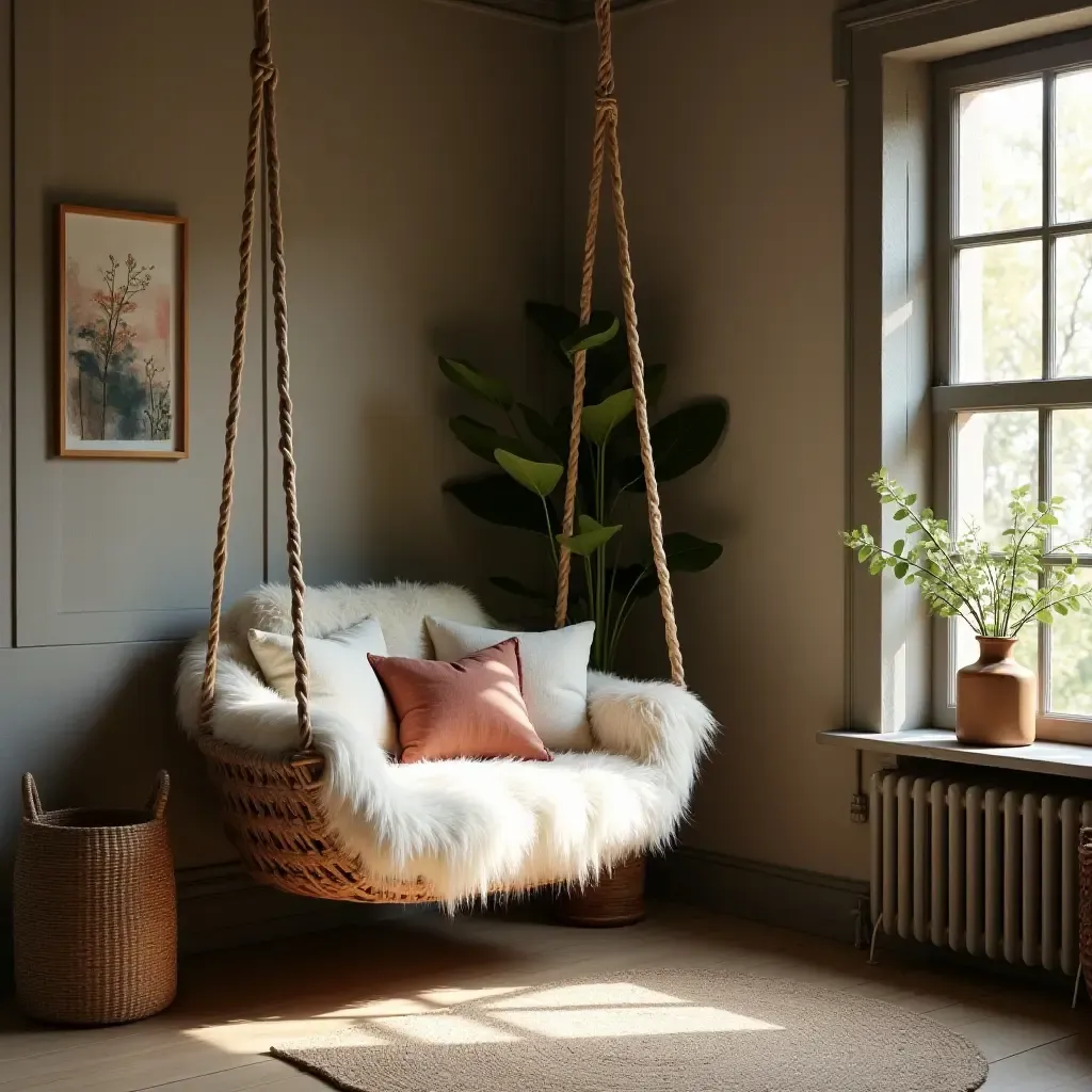 a photo of a cozy corner with a swing chair and cushions for two