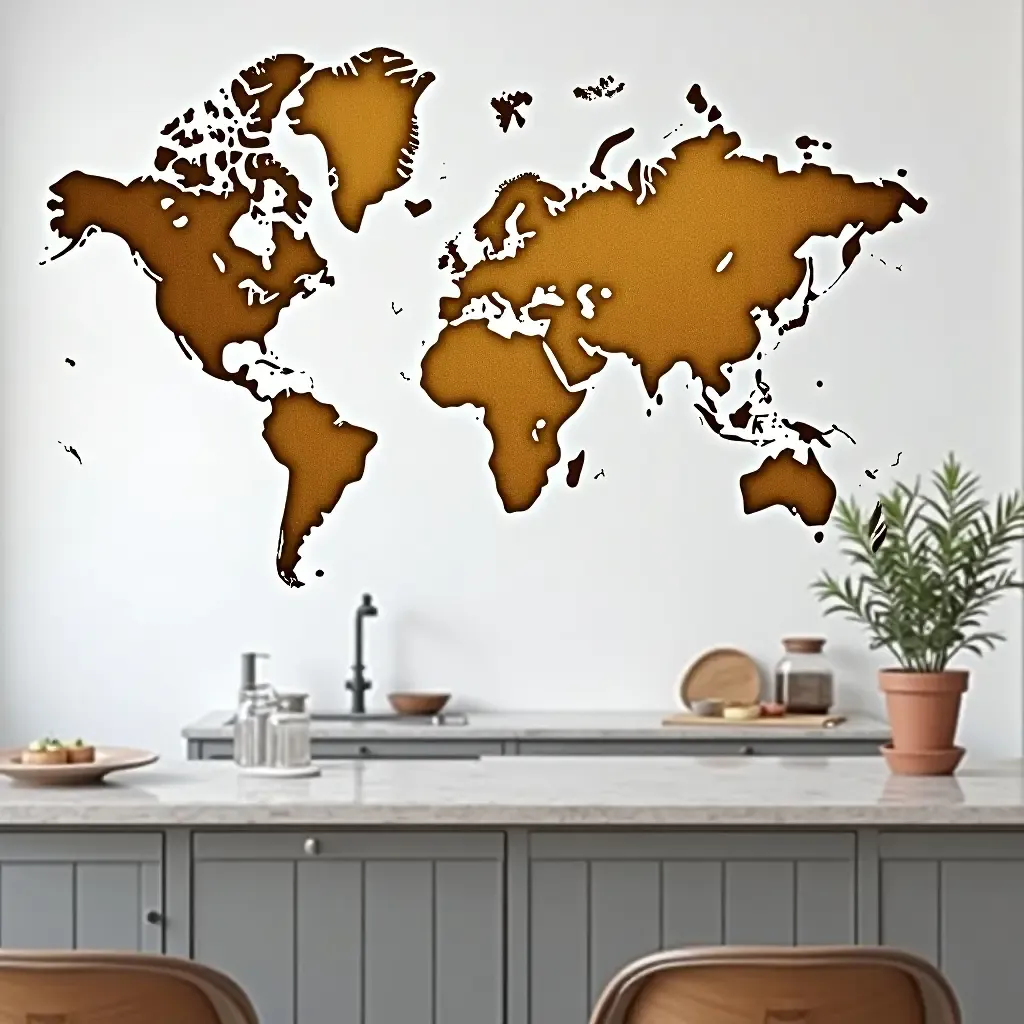 a photo of a world map wall art piece in a travel-themed kitchen