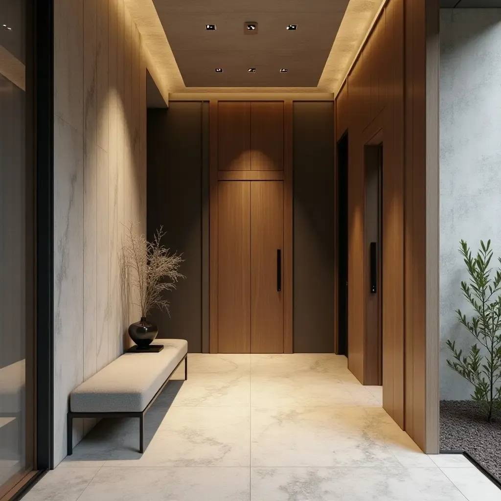 a photo of a chic entrance hall with layered textures of fabric, wood, and metal