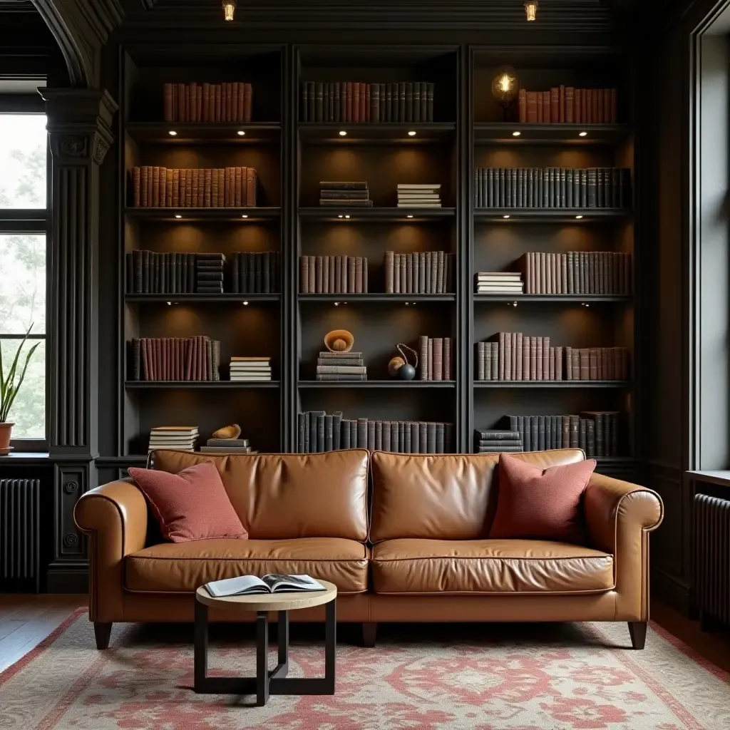 a photo of a library with a leather sofa and industrial shelving