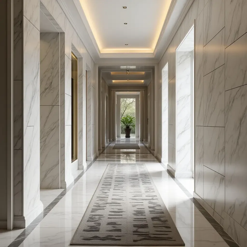 a photo of a sophisticated marble hallway with geometric patterns and stylish rugs