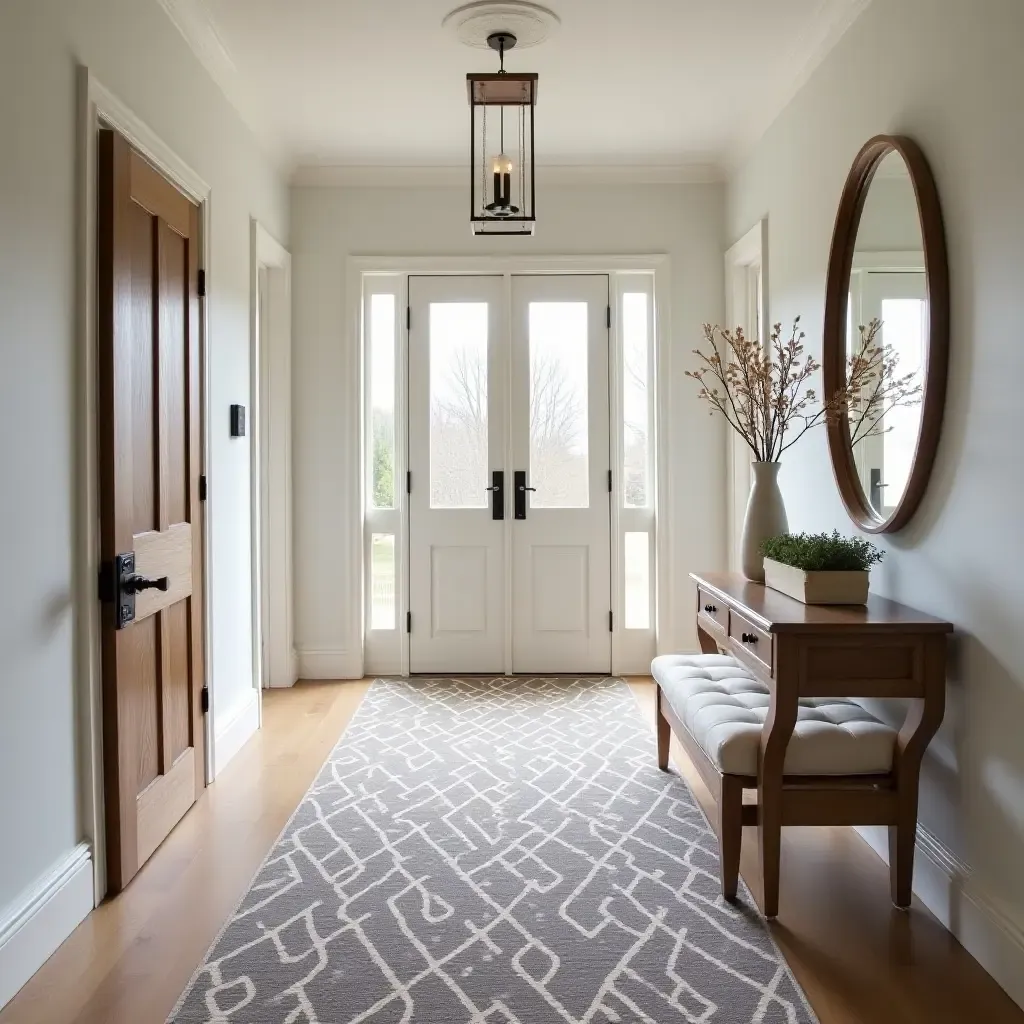 a photo of a patterned runner rug leading into a stylish entrance hall