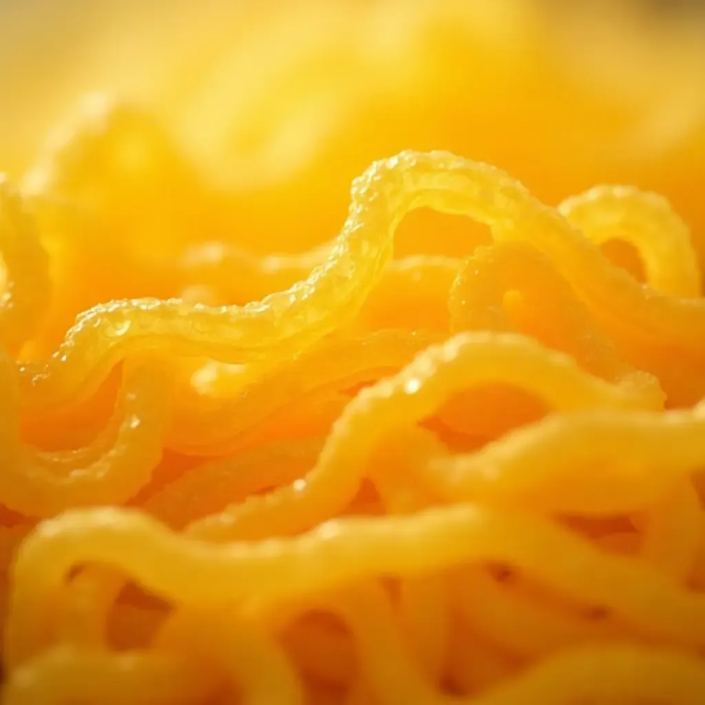 a photo of golden Dragon&#x27;s Beard Candy strands, intricately woven and glistening under soft light.