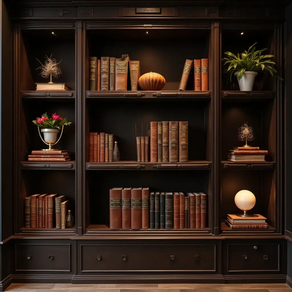 a photo of a stylish bookshelf filled with leather-bound books and unique decor