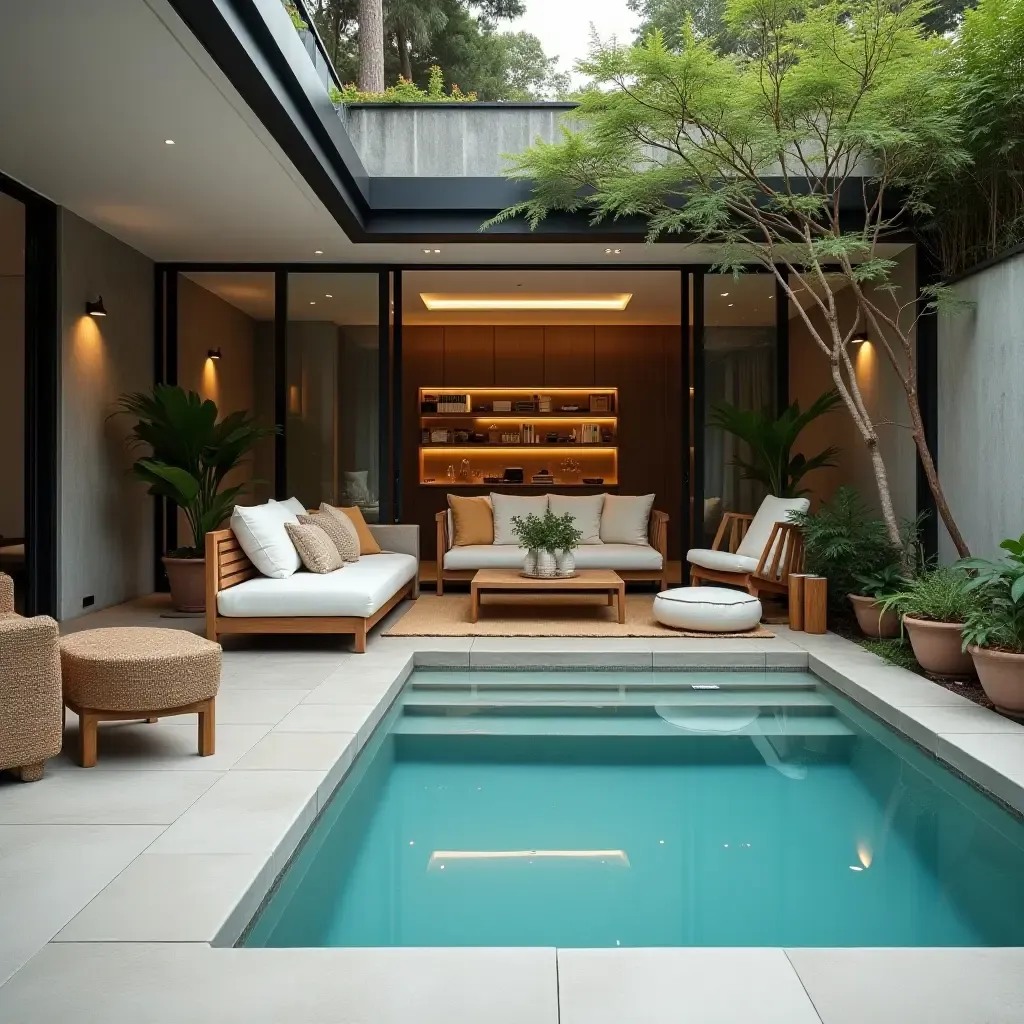 a photo of a cozy small pool area with smart furniture arrangement