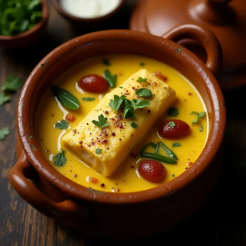 a photo of salted cod curry with coconut milk, aromatic spices, served in a clay pot