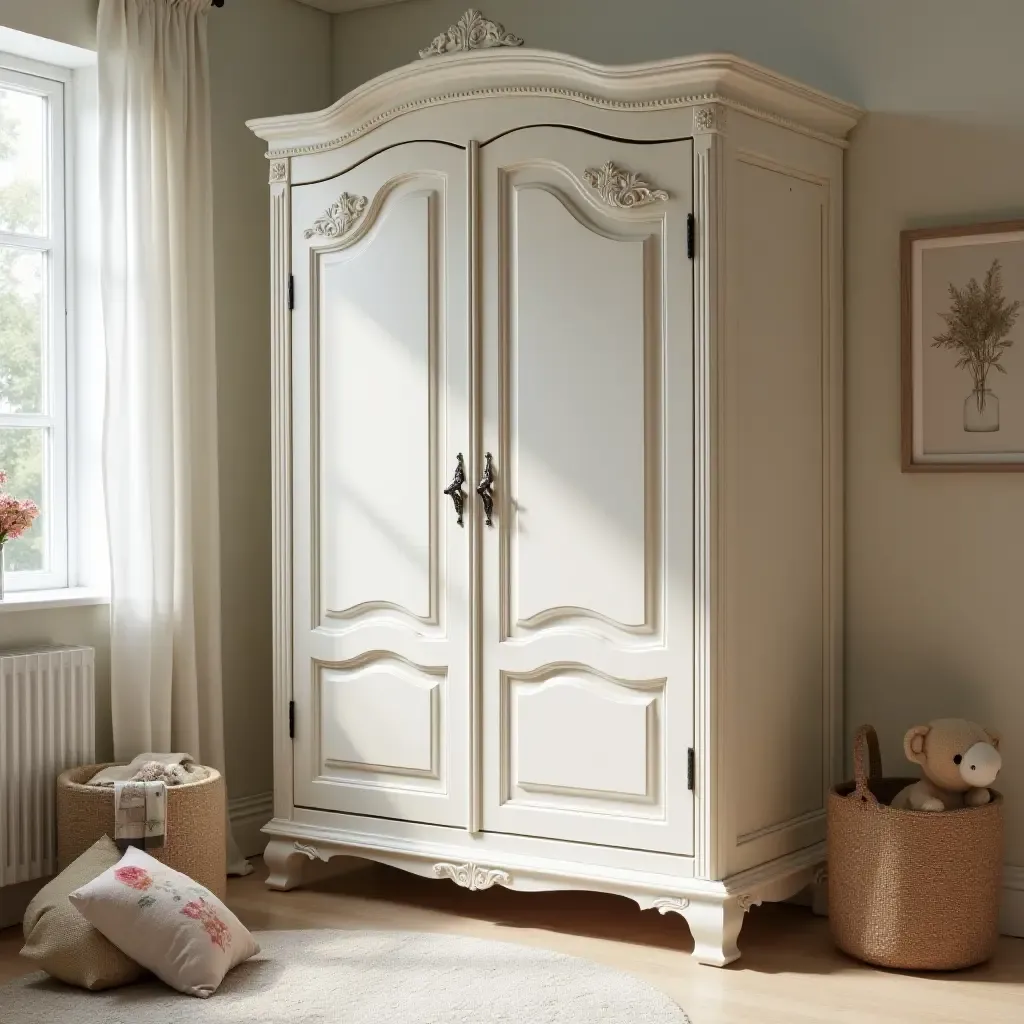 a photo of a charming nursery with an antique wardrobe