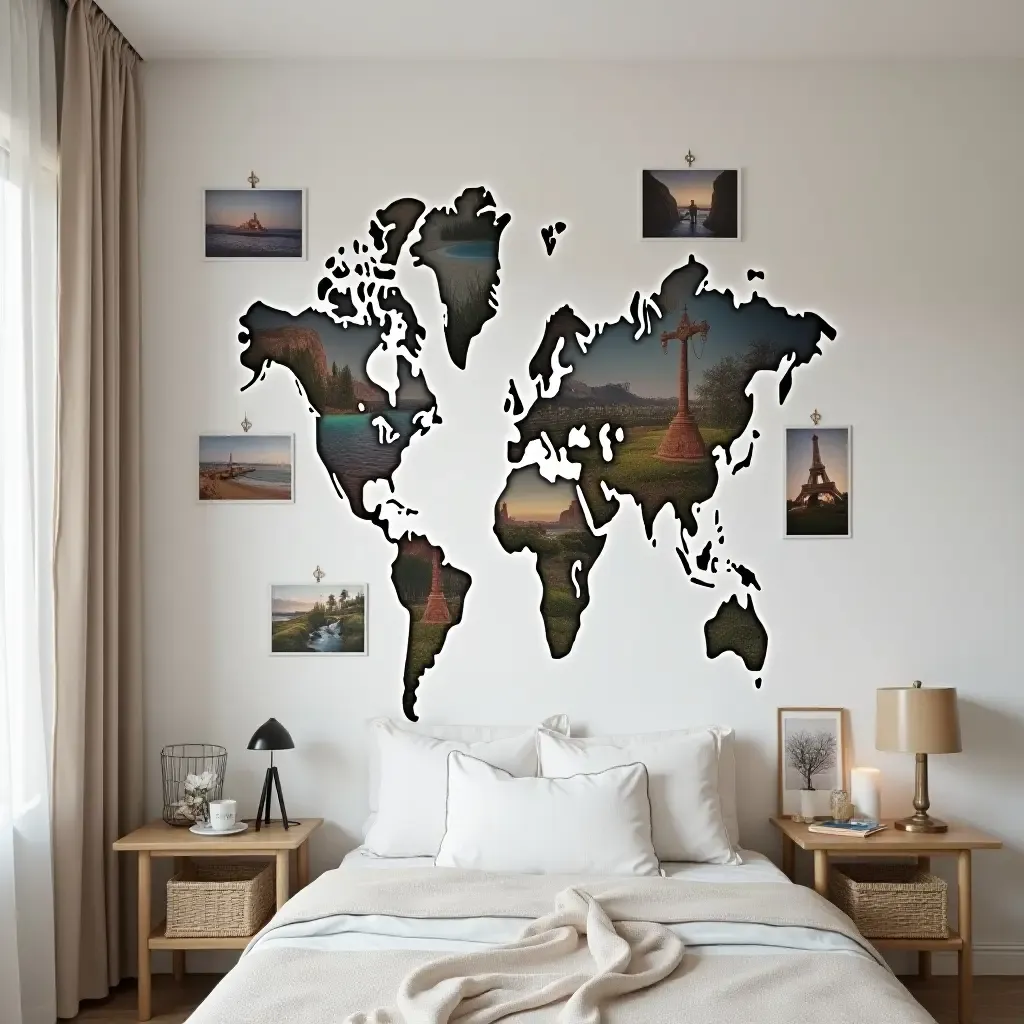 a photo of a travel photo gallery wall with snapshots from around the world in a teen&#x27;s bedroom