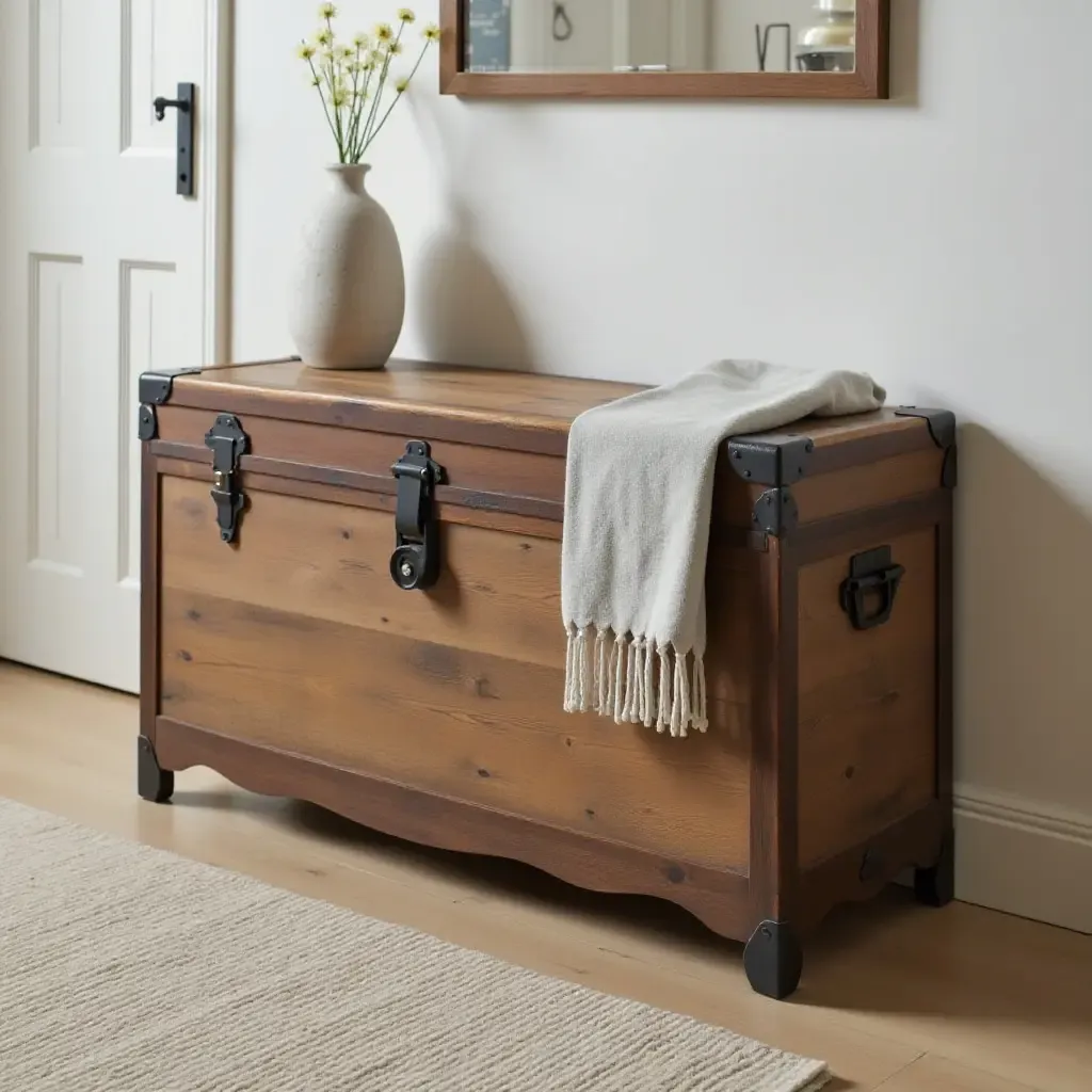 a photo of a rustic trunk used as a storage solution in a hall