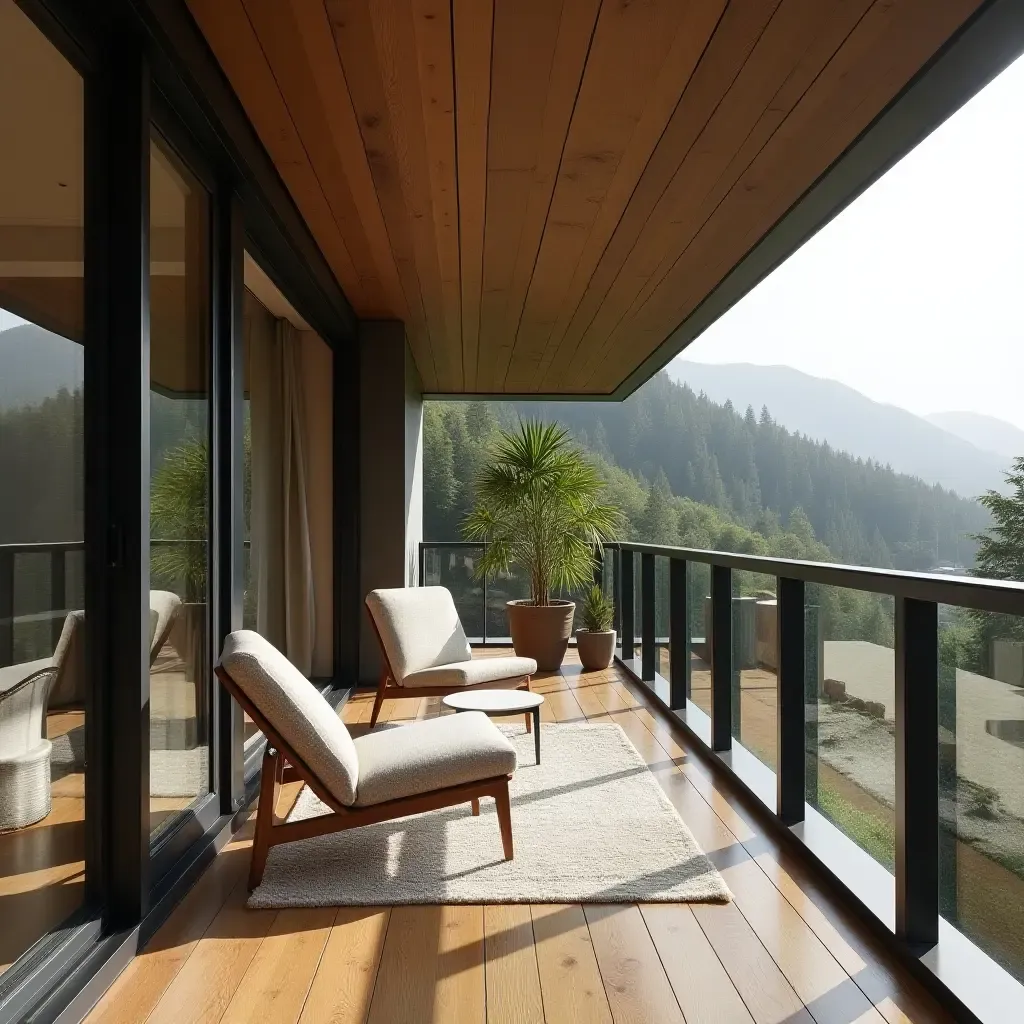 a photo of a modern balcony with textured fabrics, natural wood, and sleek metal