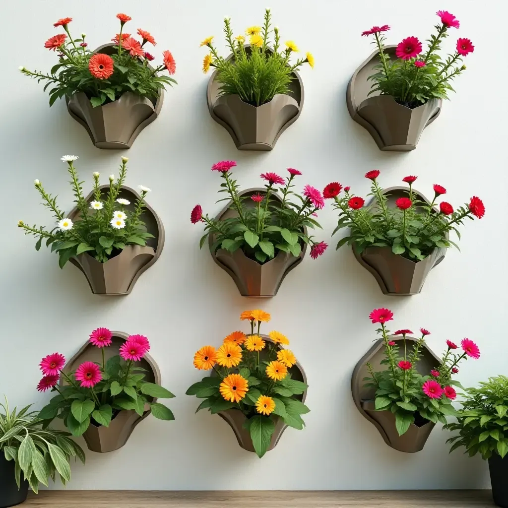 a photo of a wall with hanging planters and colorful blooms