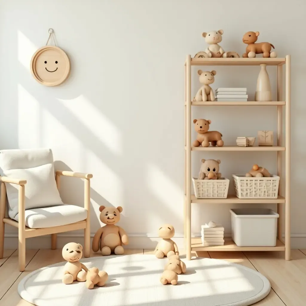 a photo of a cheerful bedroom with wooden toys displayed on shelves