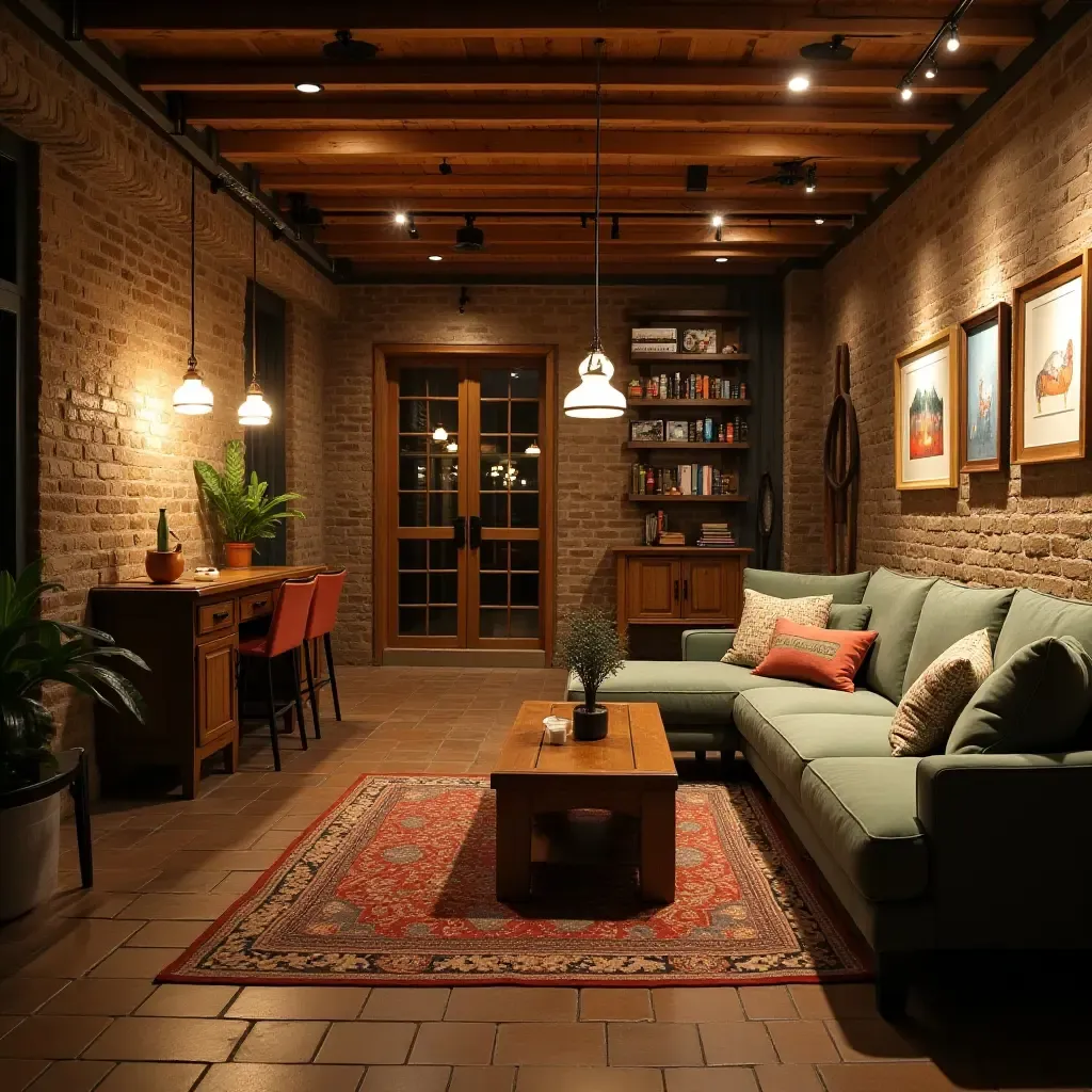 a photo of a basement with a cozy coffee corner and whimsical decor