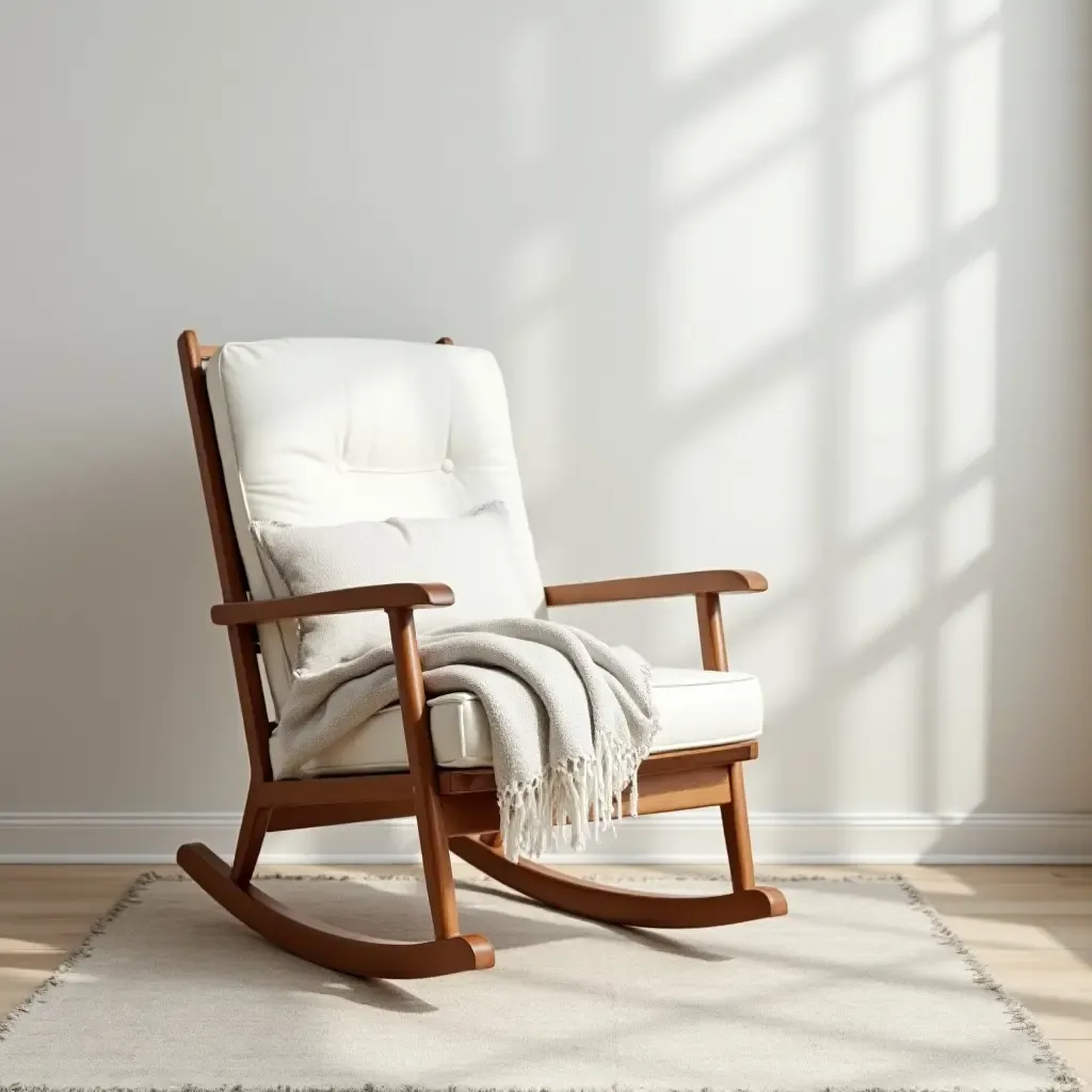 a photo of a nursery with a vintage-style rocking chair and soft blanket