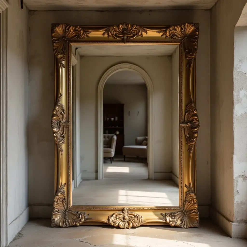 a photo of an antique mirror reflecting a stylish basement