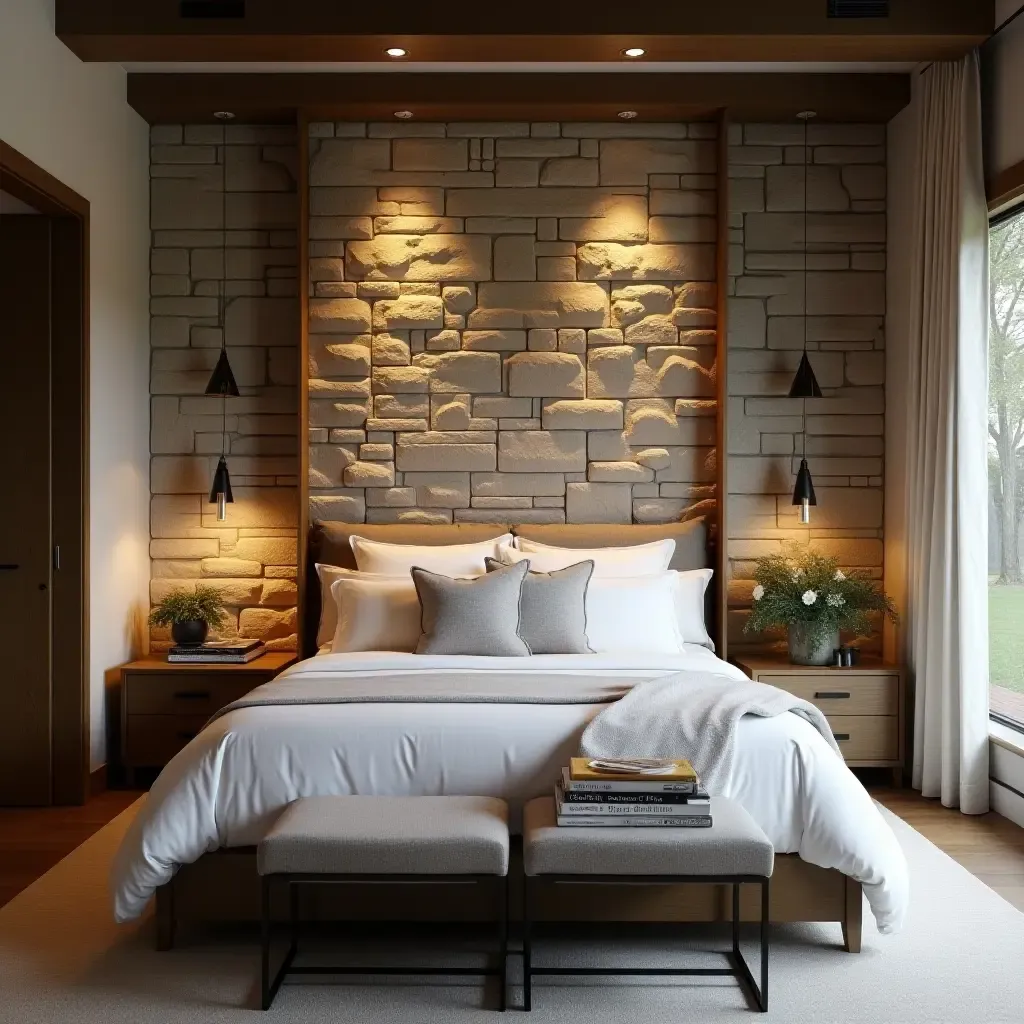 a photo of a stone accent wall behind a bed in a rustic-chic bedroom