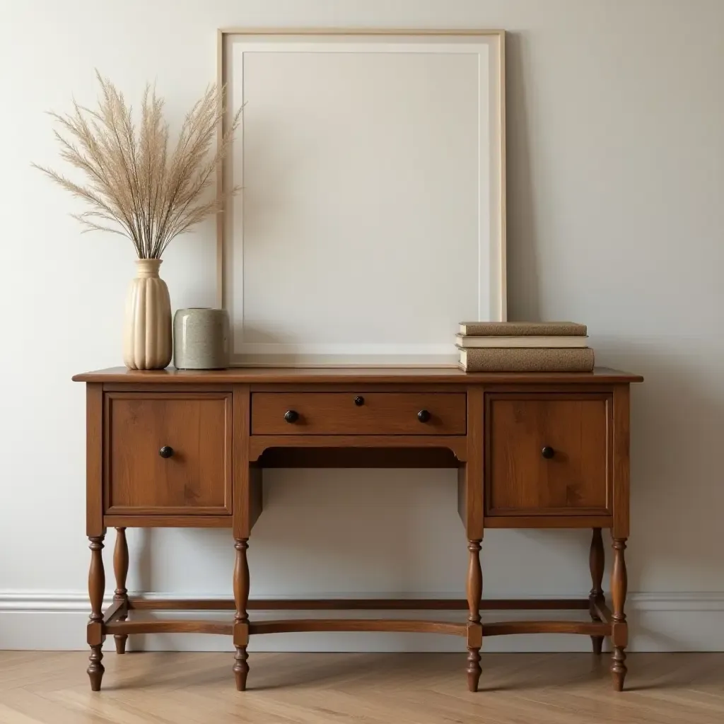 a photo of a wooden console with a vintage style