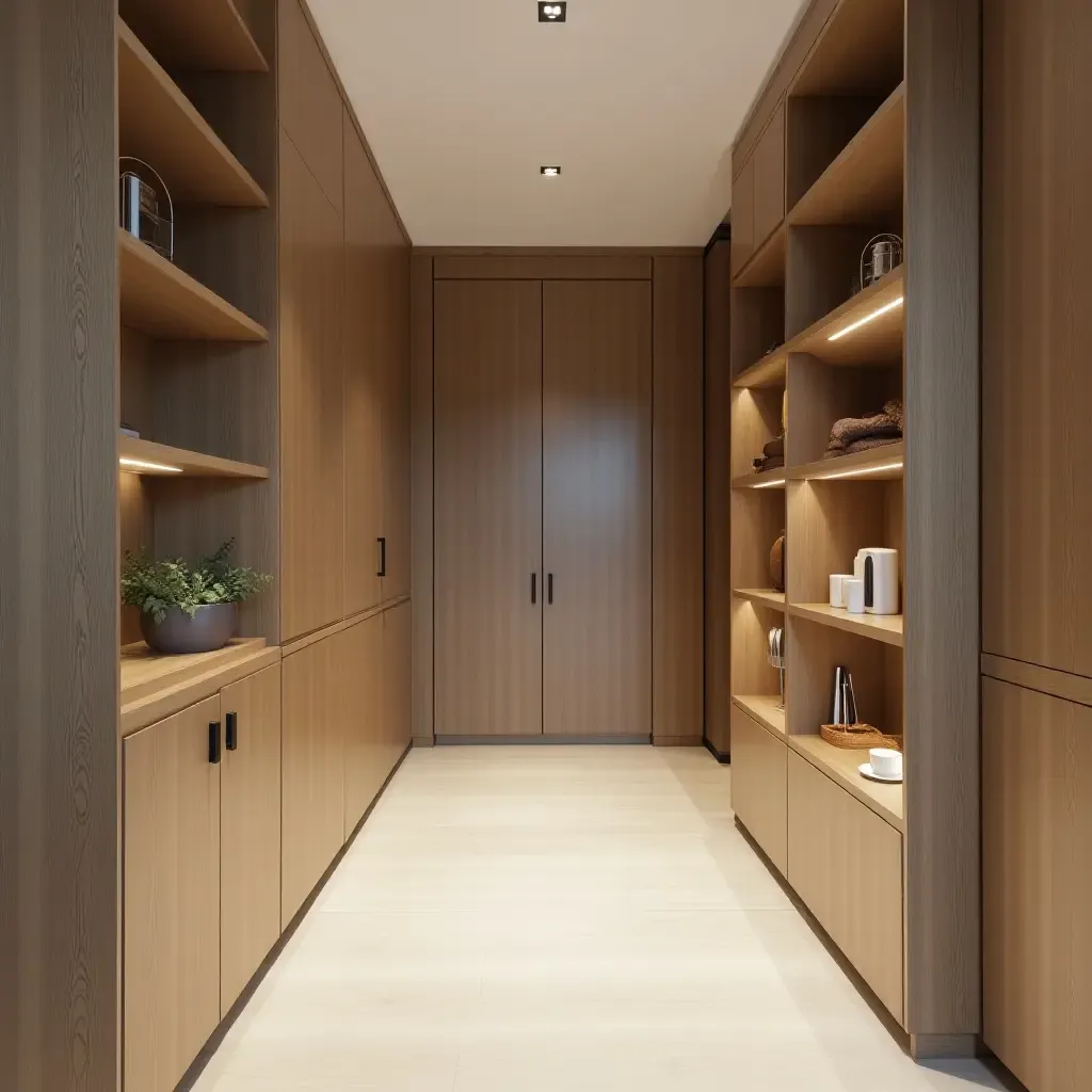 a photo of a sleek corridor with built-in shelves for maximizing storage space