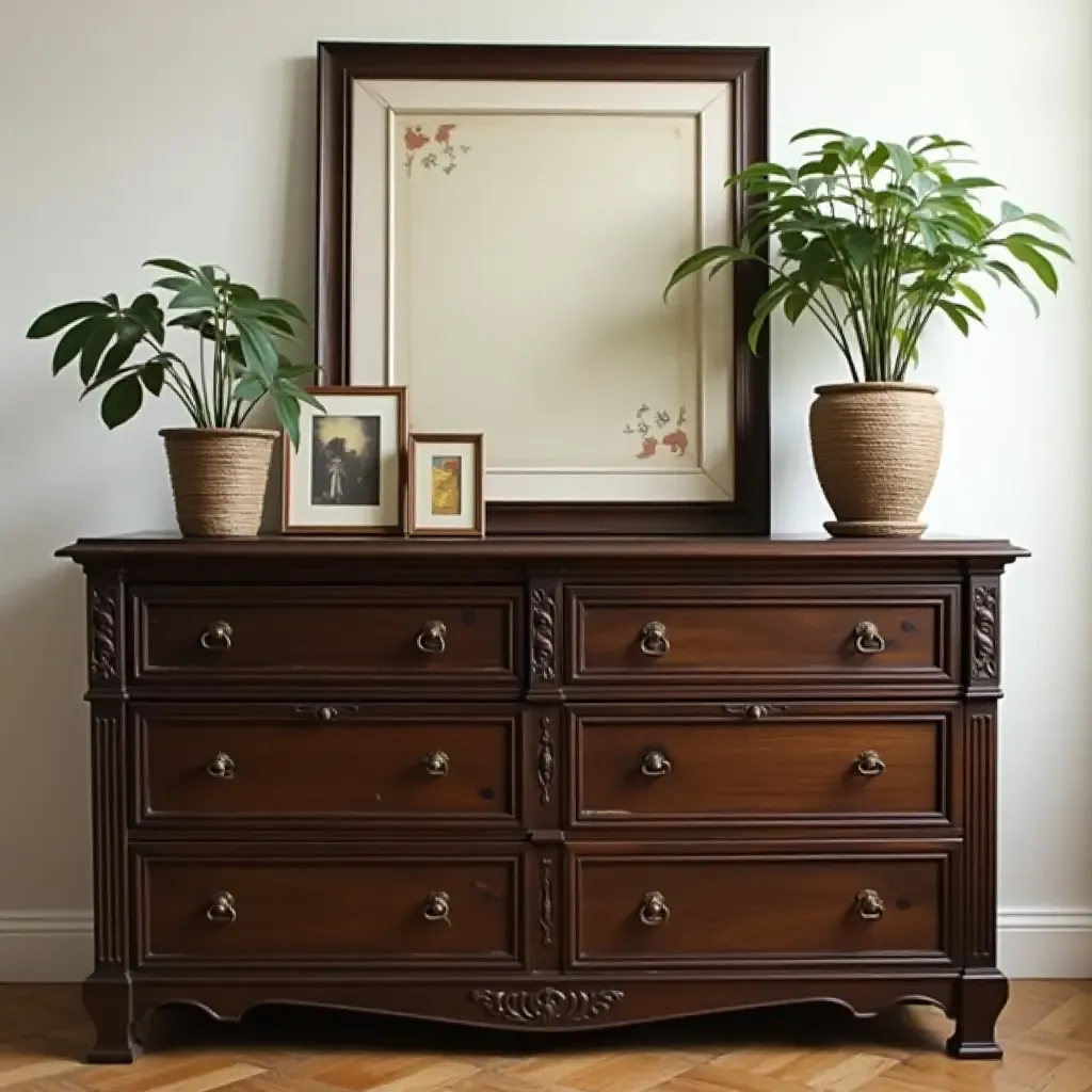 a photo of a dark wood dresser with antique decor and plants