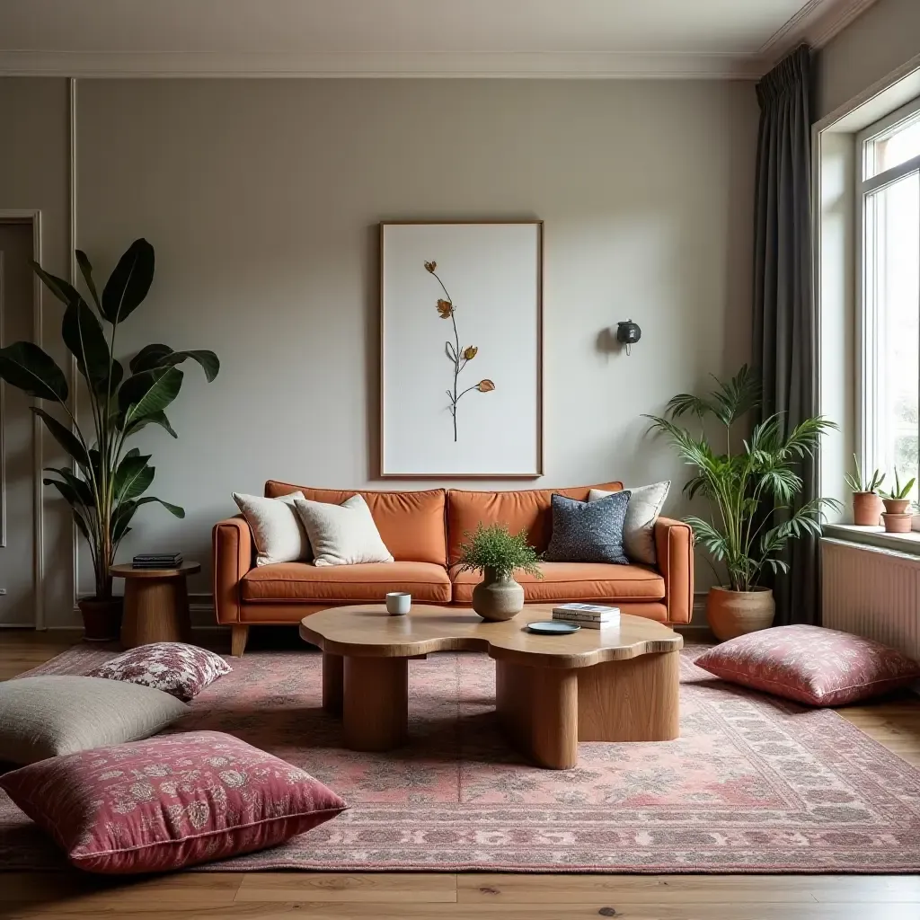 a photo of a bohemian living room featuring a unique coffee table and floor cushions