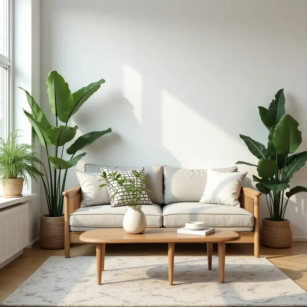 a photo of a small living room with a minimalist coffee table and vibrant indoor plants