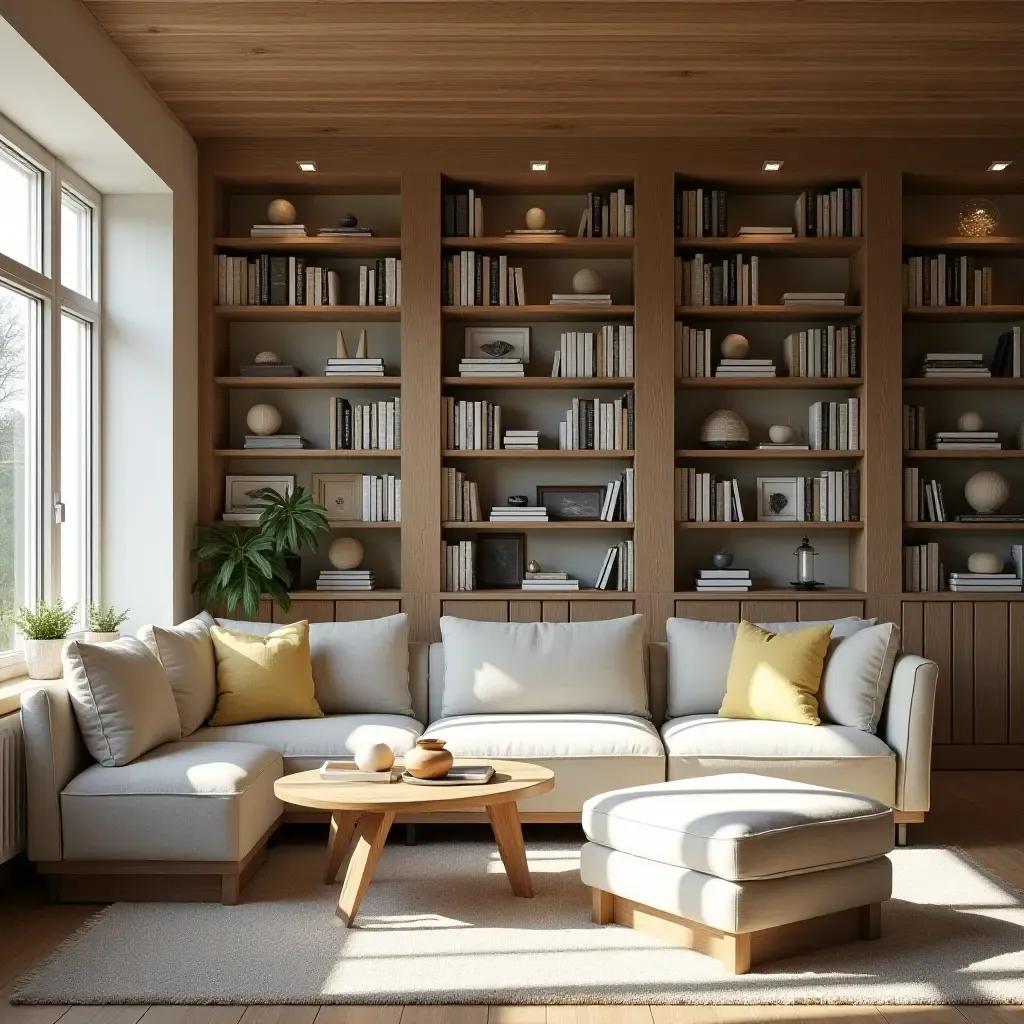 a photo of a sunlit library featuring rustic wooden shelves and sea-inspired decor