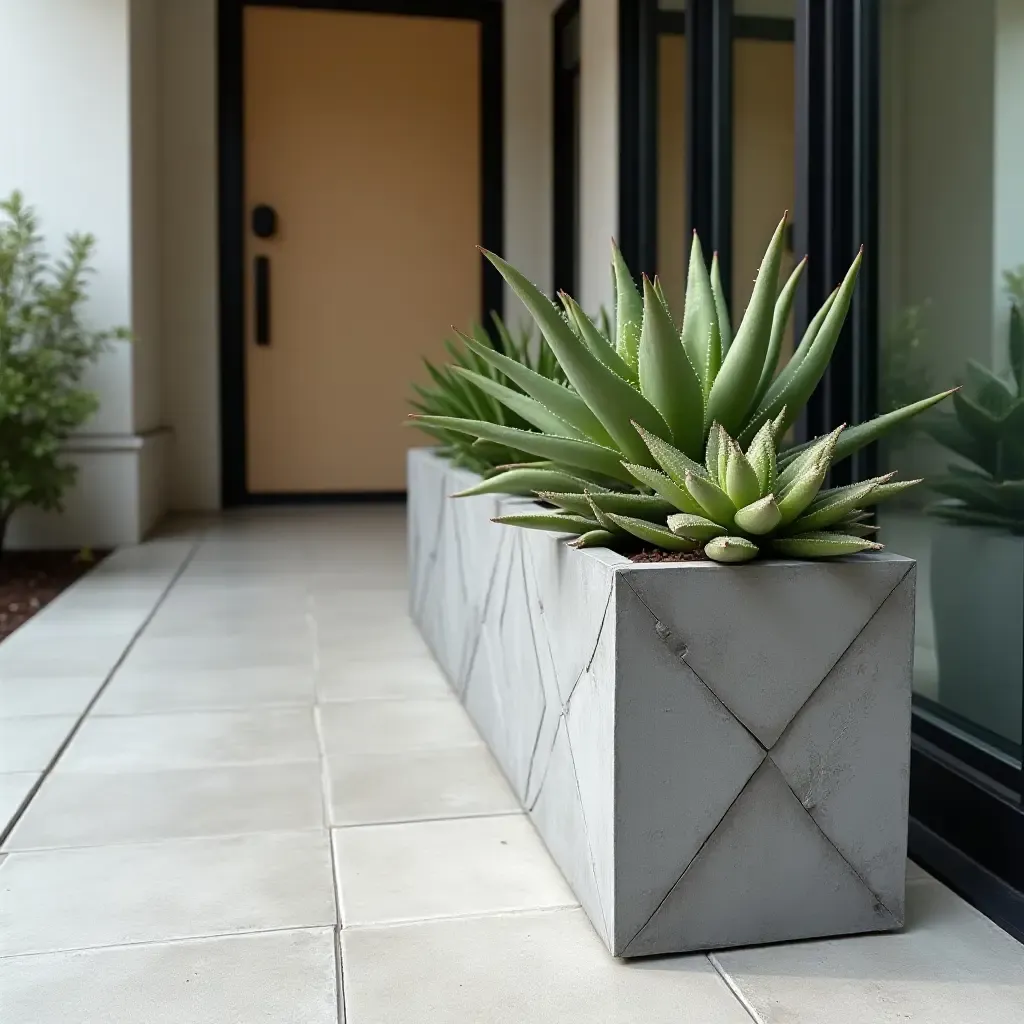 a photo of a sleek entryway with a geometric planter holding succulents