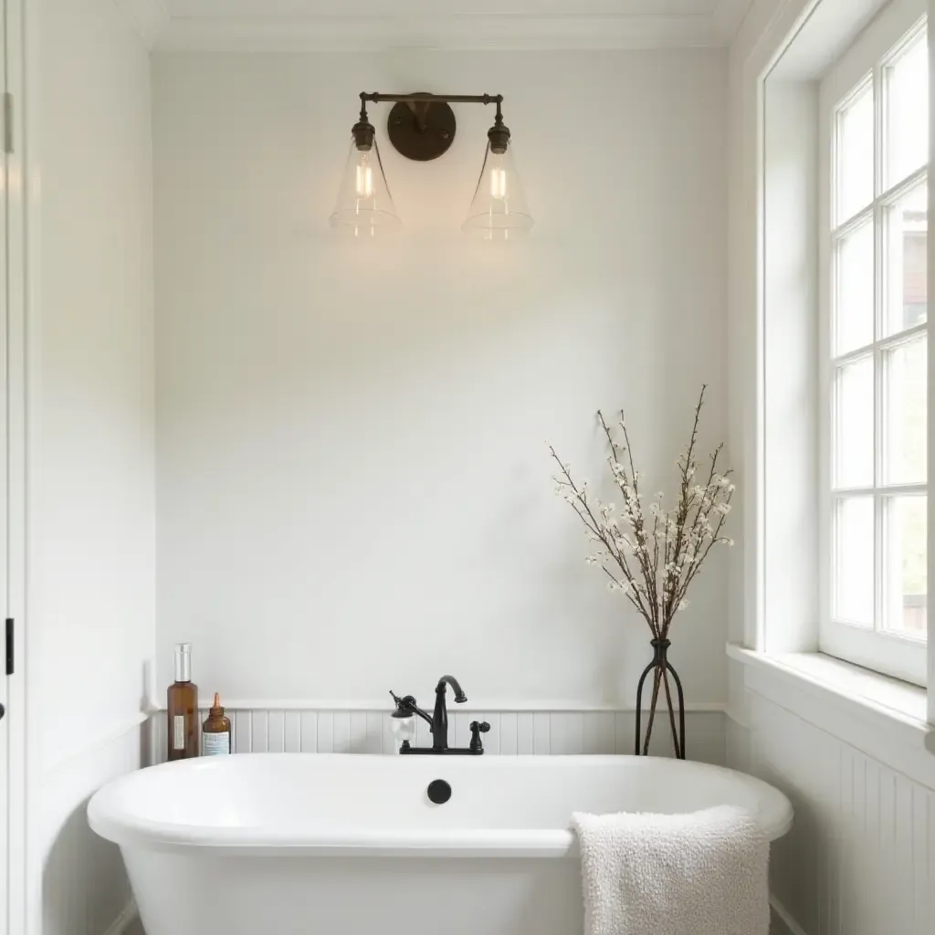 a photo of a bathroom with a farmhouse-style light fixture and decor